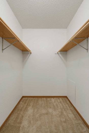 A room with a carpeted floor and two wooden shelves on the wall.